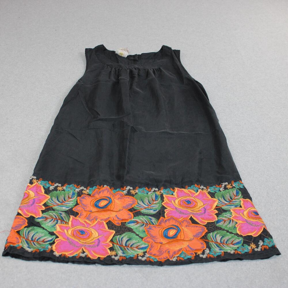 Vintage Da-Nang Silk Dress Women Small Black Embroidered Floral Tank Boho Y2K